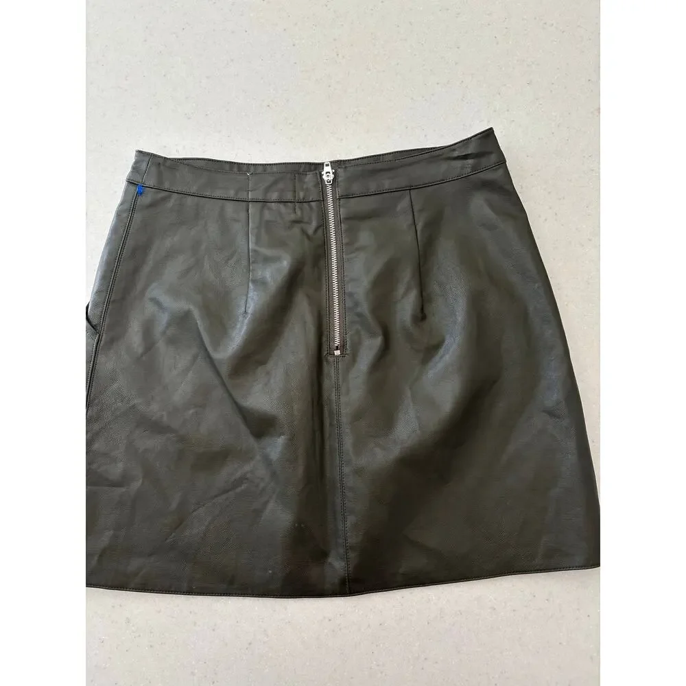 Harper Heritage Faux Leather Mini Skirt XS Olive Green A-Line Zip Back Pockets - Picture 10 of 13